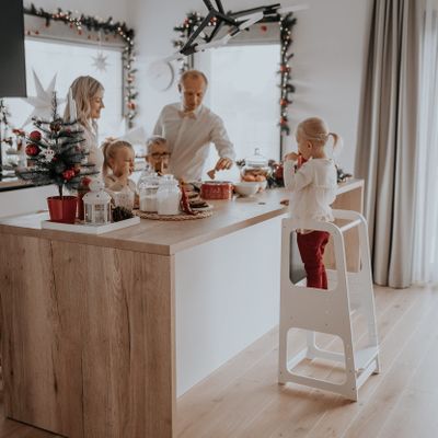 Kitchen Observation Tower with Blackboard, Kitchen Tower with Chalkboard, Step Stool for Children (White Color)