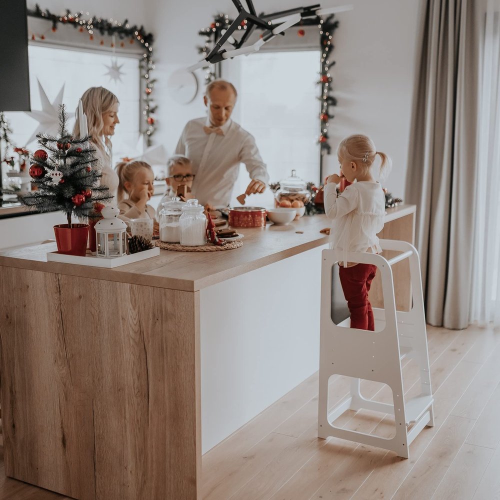 Kitchen Observation Tower with Blackboard, Kitchen Tower with Chalkboard, Step Stool for Children (White Color)