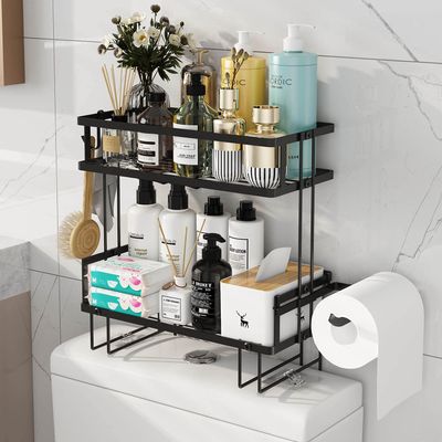Godboat Bathroom Organizers, 2-Tier Over Toilet Storage, Floating Shelves with 2 Hooks & Paper Holder, Wall Mounted Shelf Furniture, Cool Accessories & Decor, Gifts for Women, Mothers Day (Black)