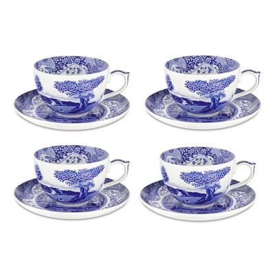 Spode Blue Italian 20oz Jumbo Cup & Saucer, Set of 4  Large Porcelain Hot Beverage Cups with Ornate Rim & Scenic Design - Elegant Ceramic Drinkware for Coffee, Tea, Brunch Settings