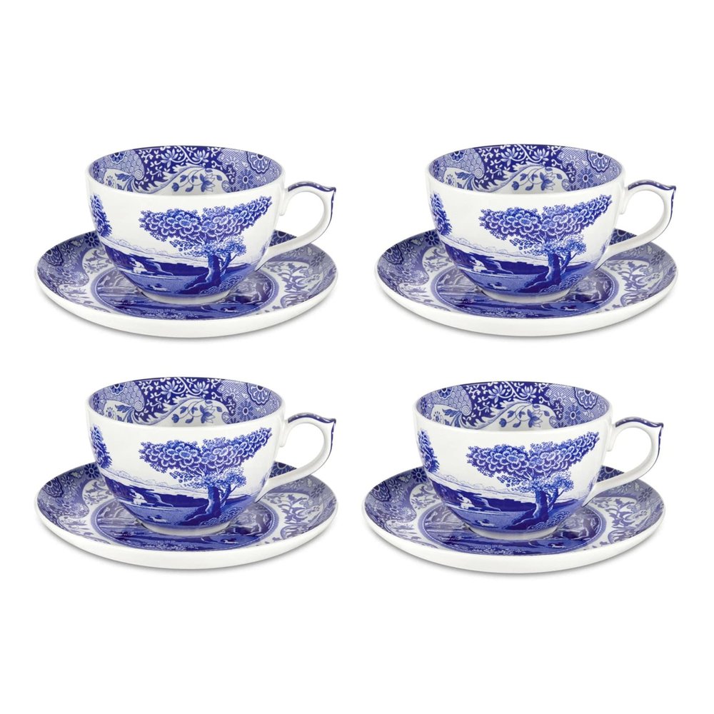 Spode Blue Italian 20oz Jumbo Cup & Saucer, Set of 4  Large Porcelain Hot Beverage Cups with Ornate Rim & Scenic Design - Elegant Ceramic Drinkware for Coffee, Tea, Brunch Settings