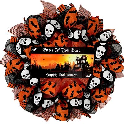 Enter If You Dare Happy Halloween Handmade Deco Mesh Wreath. Available in 24 inch and 28 inch diameters