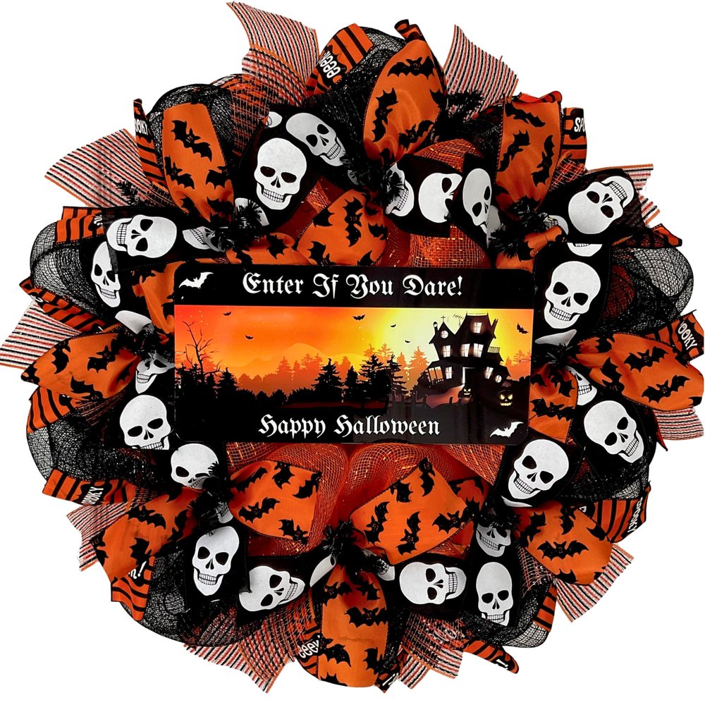 Enter If You Dare Happy Halloween Handmade Deco Mesh Wreath. Available in 24 inch and 28 inch diameters