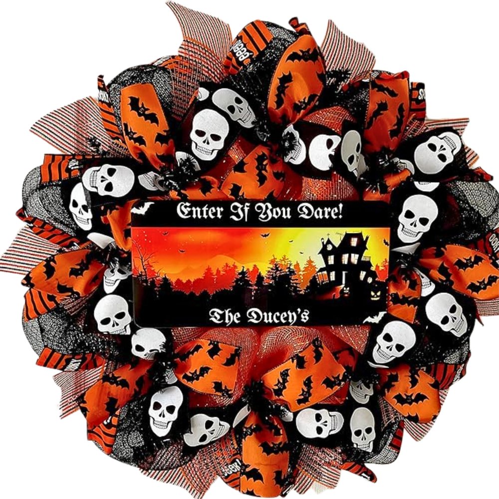Enter If You Dare Personalized Handmade Deco Mesh Wreath. Available in 24 inch and 28 inch diameters.