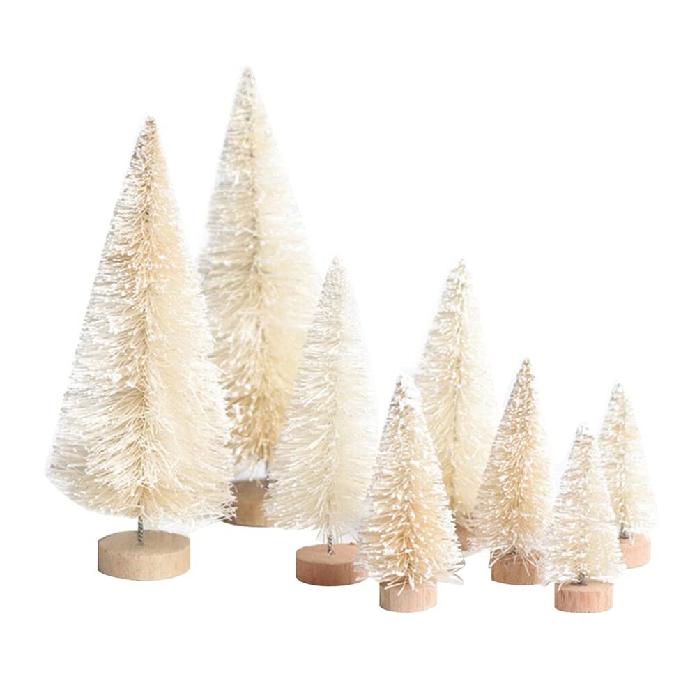 8PCS Artificial Mini Christmas Trees, Fake Bottle Brush Small Pine Snow Frosted Trees with Wood Base Tabletop Ornaments Winter Crafts for Xmas Holiday Party Home Decor