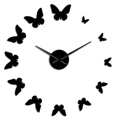 Decorative Mirror Wall Clock Nature Flying Butterflies Modern Design Luxury DIY Large Wall Clock Frameless Wall Watch Clock Black 37Inch(90cm)