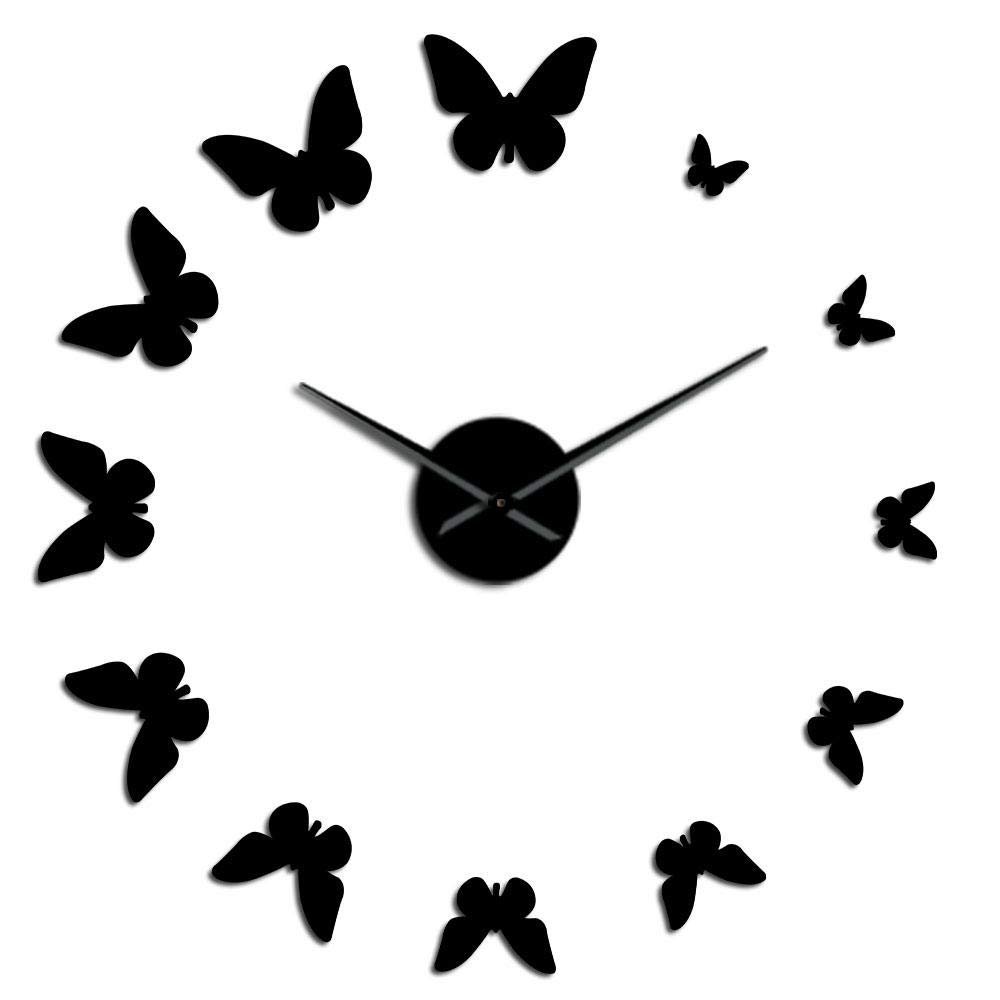 Decorative Mirror Wall Clock Nature Flying Butterflies Modern Design Luxury DIY Large Wall Clock Frameless Wall Watch Clock Black 37Inch(90cm)