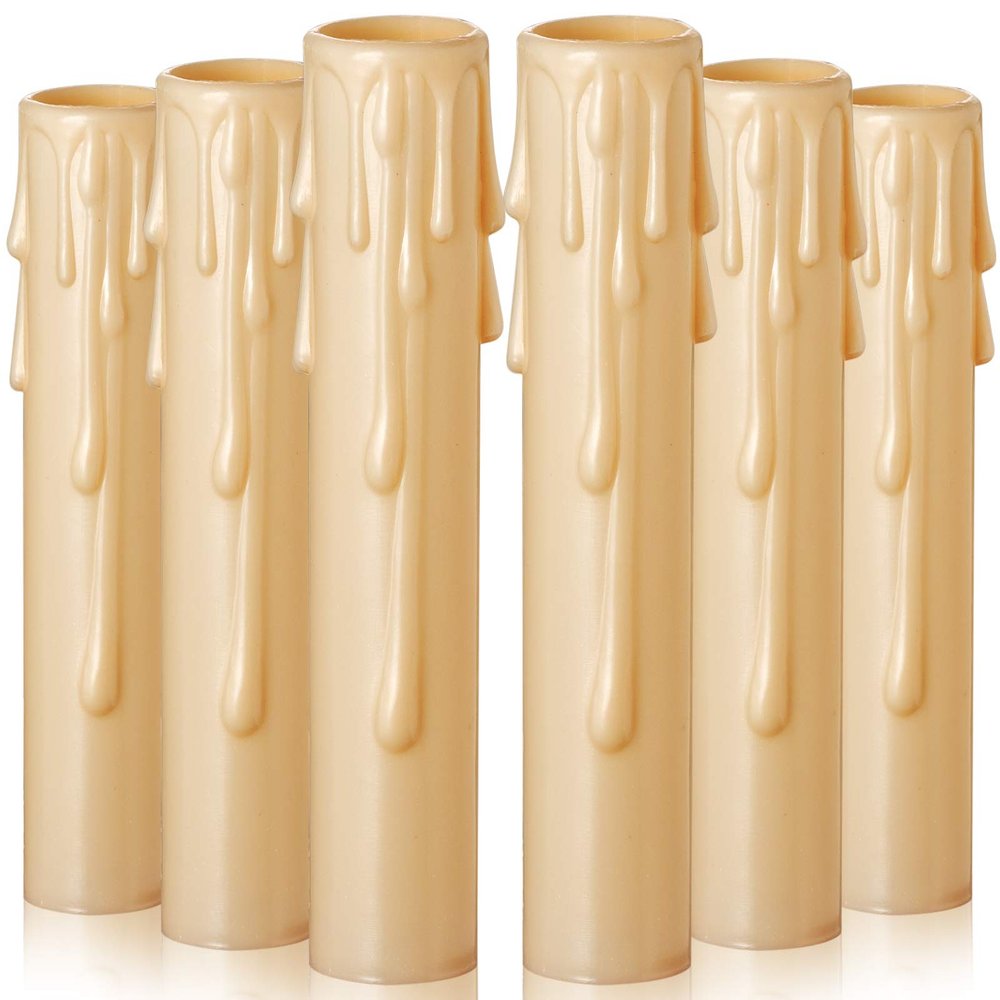 Drip Candle Socket Covers - Set of 6, Chandelier Candelabra Base, 4 inch Tall Brown Plastic Candle Slip Over Sleeves