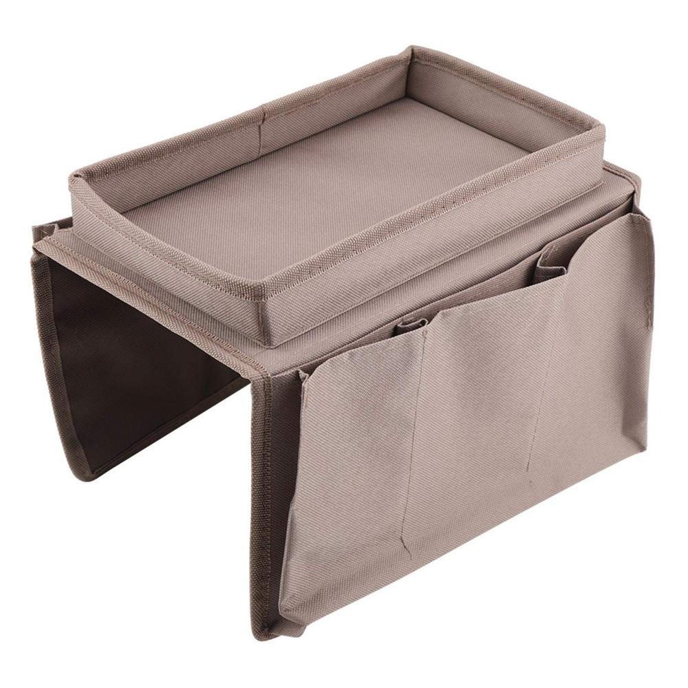 Cyrank Remote Control Holder, Sofa Armrest Organizer Tray Table with 4 Pockets for TV Remote Control, Magazine,Cell Phone, Books(Brown)
