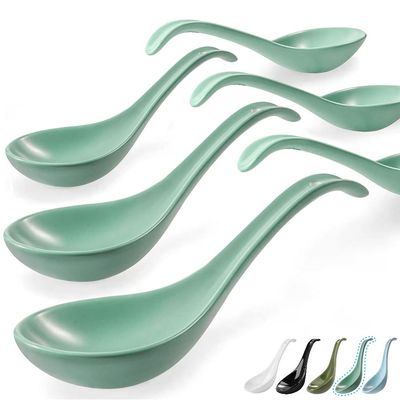 Artena 6.75 inch Solid Asian Soup Spoon Set of 6,Ultra-fine Porcelain Japanese Soup Spoon, Ramen Spoons for Pho Noodles Miso, Chinese Soup Spoons for Dumpling Wonton Cereal, Deep Oval Hook Design-Teal