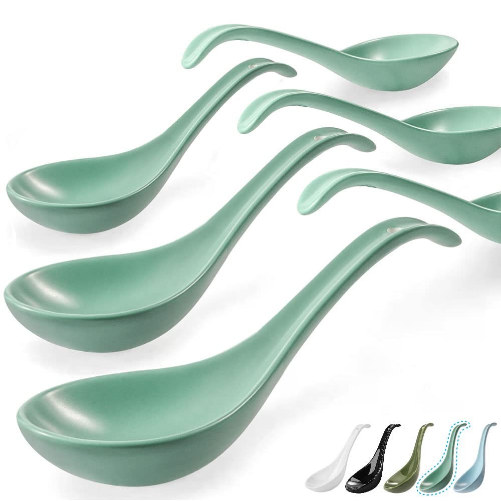 Artena 6.75 inch Solid Asian Soup Spoon Set of 6,Ultra-fine Porcelain Japanese Soup Spoon, Ramen Spoons for Pho Noodles Miso, Chinese Soup Spoons for Dumpling Wonton Cereal, Deep Oval Hook Design-Teal