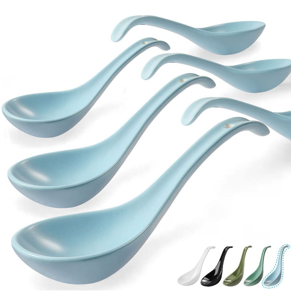 Artena 6.75 inch Solid Asian Soup Spoon Set of 6,Ultra-fine Porcelain Japanese Soup Spoon, Ramen Spoons for Pho Noodles Miso, Chinese Soup Spoons for Dumpling Wonton Cereal, Deep Oval Hook Design-Blue