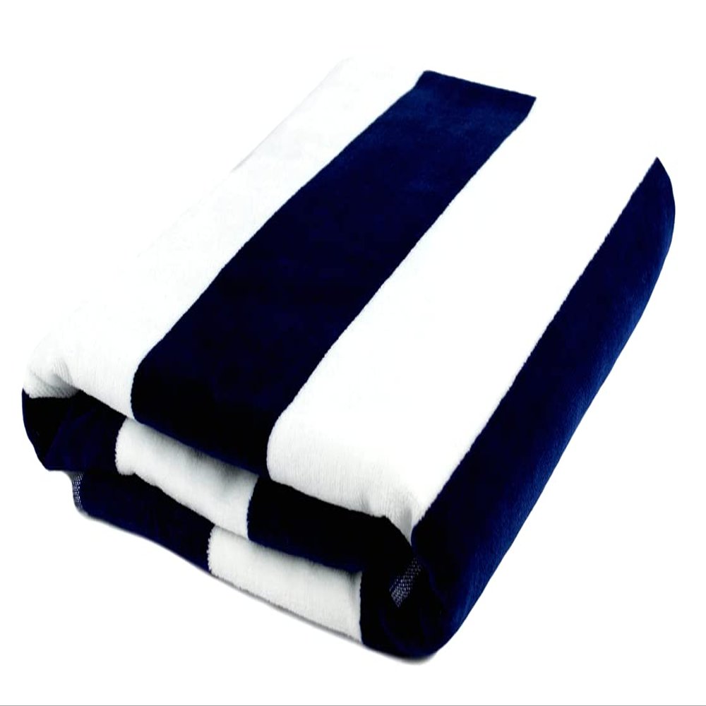 OZINCI Beach Large Towel Pool Beach Cabana Striped One Side Terry and One Side Velour 32"x70" Blue White (1 Pcs)