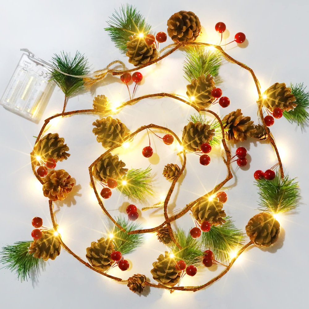 Dazzle Bright Pine Cone Christmas String Lights, Total 6.5FT 20LED Battery Operated Christmas Garland with Red Berry Pine Cone Fairy String Lights for Indoor Outdoor Xmas Decorations