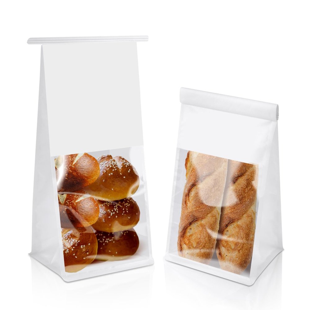 Bakbania Bakery Bags with Window 50 Pack White Bread Loaf Bags 11x5.1x3.9 Inches Tin Tie Tab Lock Bags Toast Bags for Storing Foods