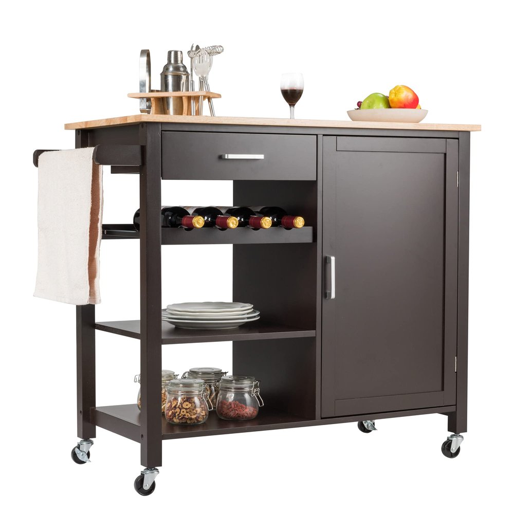 LOKO Kitchen Island with Storage, Rolling Kitchen Cart with Wine Rack, Shelves and Towel Rack, Small Island Table for Kitchen, Dining Room or Restaurant, 39.5 x 19 x 35.5 inches (Brown)