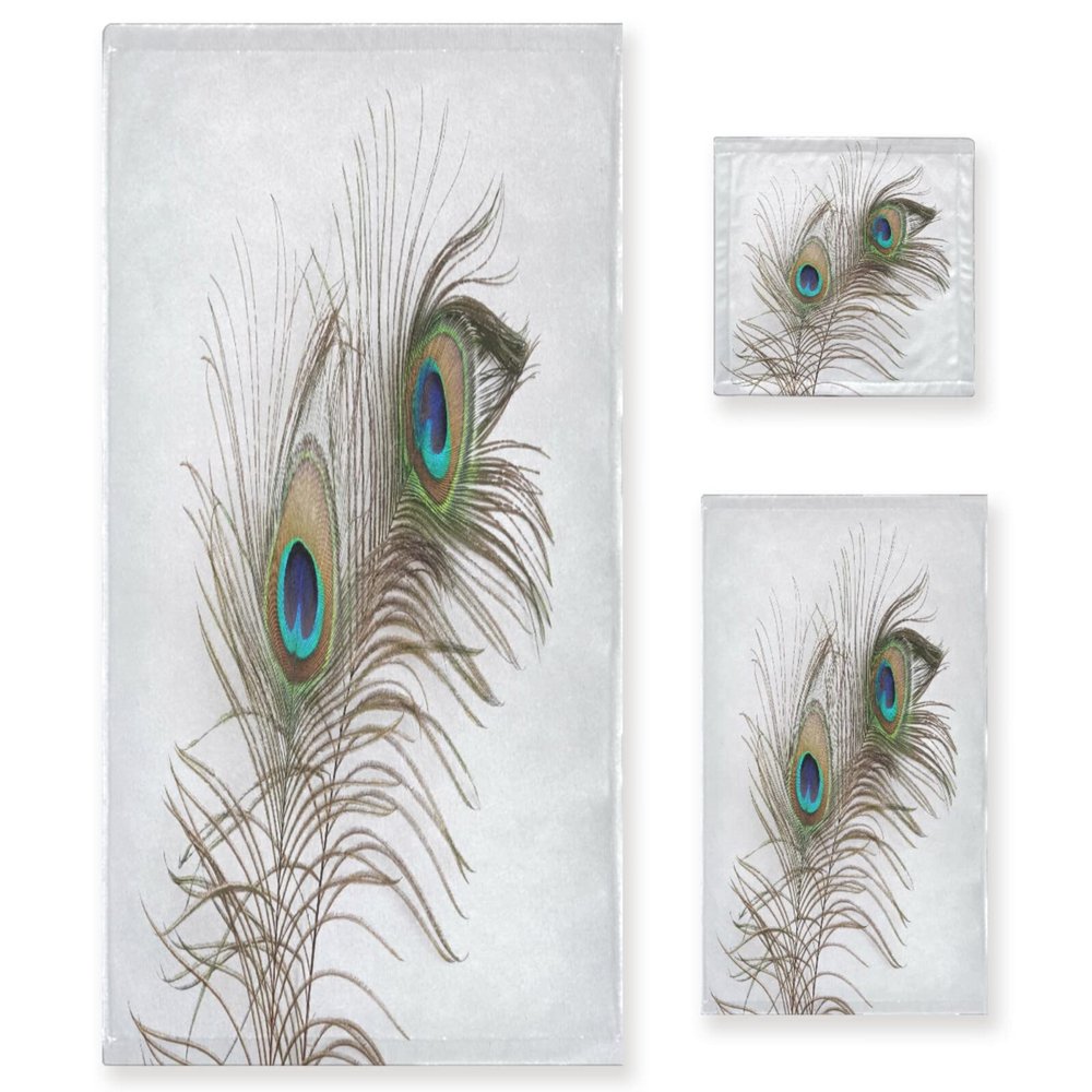 ALAZA Peacock Feather White Soft 3 Piece Bath Towels Set for Bathroom Spa Hotel, 1 Bath Towel+ 1 Hand Towel+ 1 Washcloth