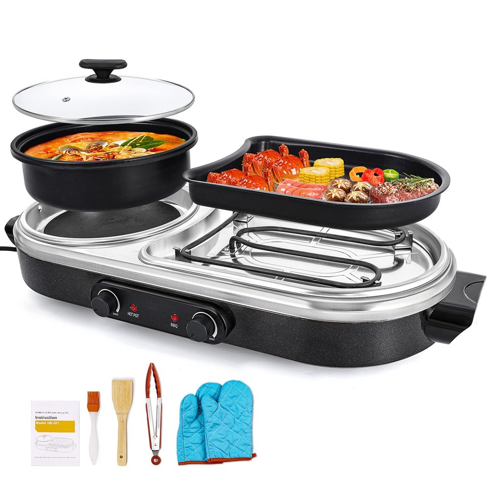 Electric Grill with Hot Pot, 2 in 1 Electric Grill, Indoor Smokeless Korean BBQ Grill,Non-Stick Electric Pot and Griddle, Independent Dual Temperature Control, Capacity for 2-10 People