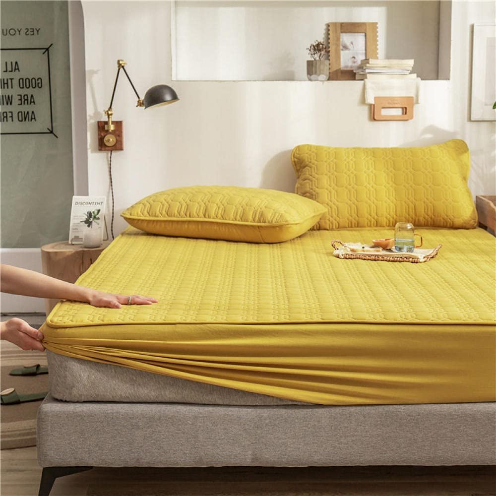 CFYCYHDZHT Bedding Fitted Sheet Deep Waterproof Urine Barrier Kids Thick Quilted Mattress Protector, Solid Color Cotton Single Double Bed Sheet Yellow 180200+30cm