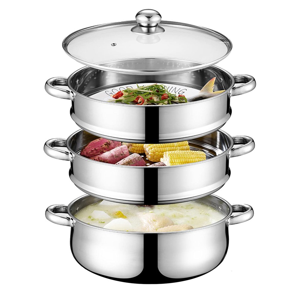 4-Tier Stainless Steel Steamer, Steam Cookware Pot/Saucepan with Handles And Vented Glass Lid for Cooking Food