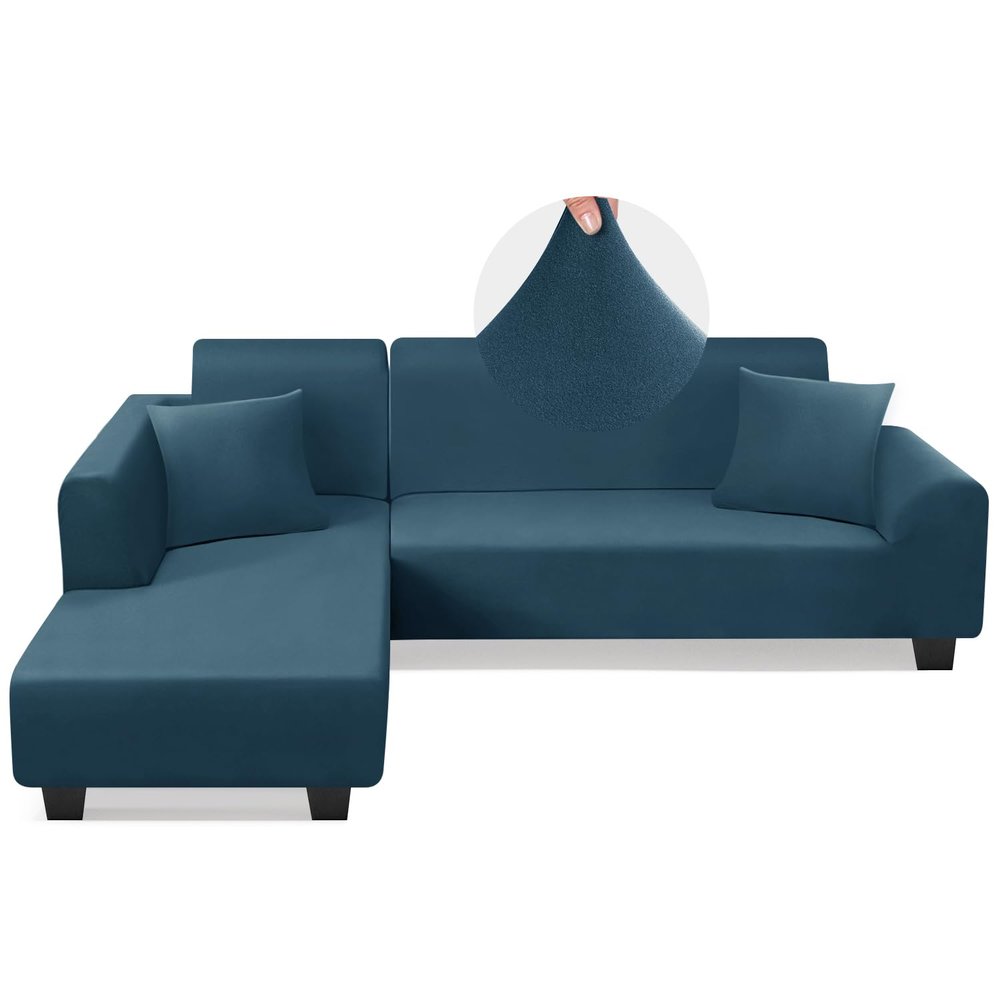 KinCam Sectional Couch Covers L Shape Sofa Covers Super Stretch 2pcs Sofa Slipcovers for 3 + 3 Seaters Sectional Chaise Slipcover with 2pcs Pillow Covers for Pets Kids, Peacock Blue
