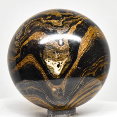 2.2" 255g Banded Waved Stromatolite w/Open Druzy Crystals Sphere Polished Natural Black Brown Algae Fossil Gemstone Mineral Ball - Peru + Stand
