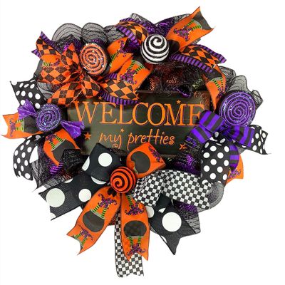 Welcome My Pretties Halloween Deco Mesh Wreath with Faux Candy & Ornaments, Bow Ornaments, Fall Door Hanger