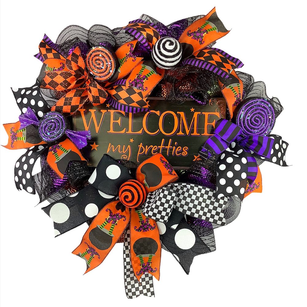 Welcome My Pretties Halloween Deco Mesh Wreath with Faux Candy & Ornaments, Bow Ornaments, Fall Door Hanger