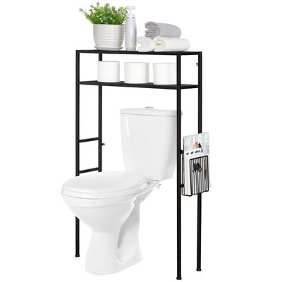 MyGift 2-Tier Over The Toilet Storage Rack, Over Toilet Bathroom Organizer, Freestanding Above Toilet Shelf with Removable Magazine Holder Basket, Black Metal Cabinet for Laundry Space Saver