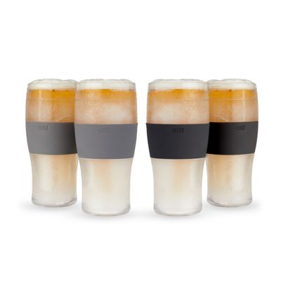 HOST Freeze Beer Glasses, 16 ounce Freezer Gel Chiller Double Wall Plastic Frozen Pint Glass, Set of 4, Black and Grey