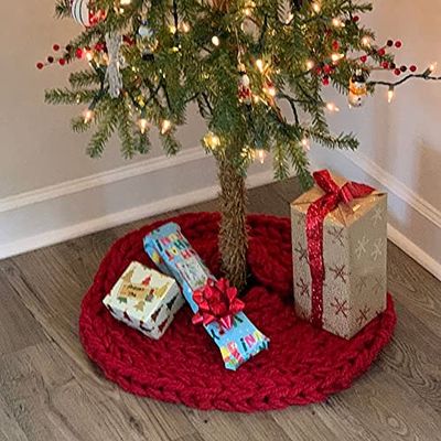 Chunky Christmas Tree Skirt Round Handmade for Mini Small Large Xmas Tree Decoration Chunky Knit different sizes and colors (30 Inches, Red)