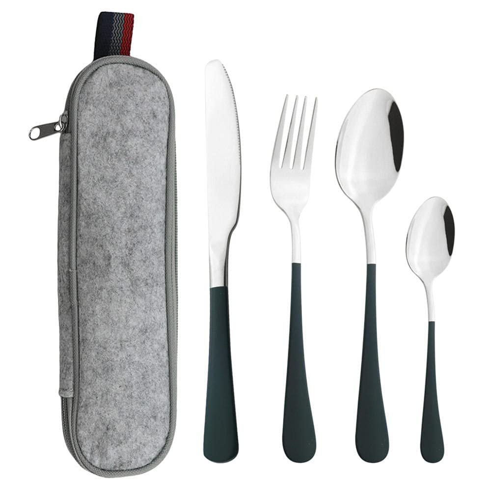 Kitchen Utensils Set,Kitchen Starter Set,4Pcs Travel Cutlery Set Stainless Steel Camping Picnic Cutlery Kit Mirror Polish for Home/Travel/School-Green and silver