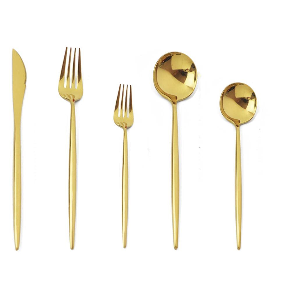 Kitchen Starter Set,Simply Modern,Cutlery Set 5Pcs Stainless Steel Flatware Set, Tableware Include Knife/Fork/Spoon, Mirror Polished Service for 1-Golden