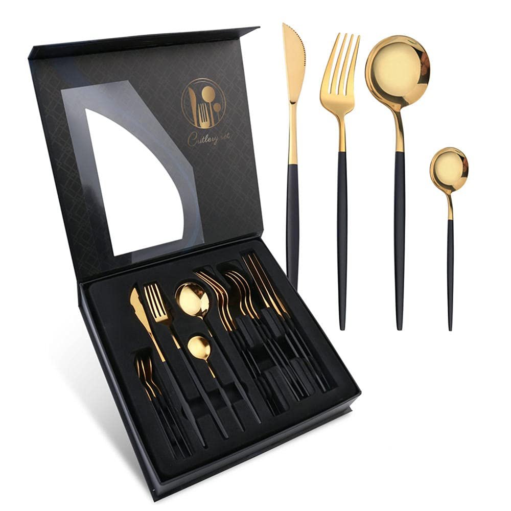 16Piece Flatware Set Stainless Steel Utensil Set,Simply Modern,Mirror Polishing Tableware Sets Multipurpose Use for Home and Kitchen, Service for 4,Gift Box-Black and gold