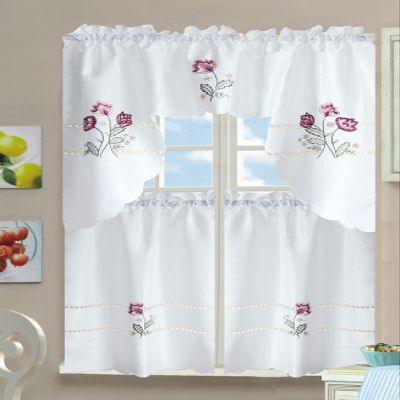 All American Collection Modern Contemporary 3pc Embroidered Home Kitchen Window Treatment Curtain Set (Swag Valance, Elegant Floral)