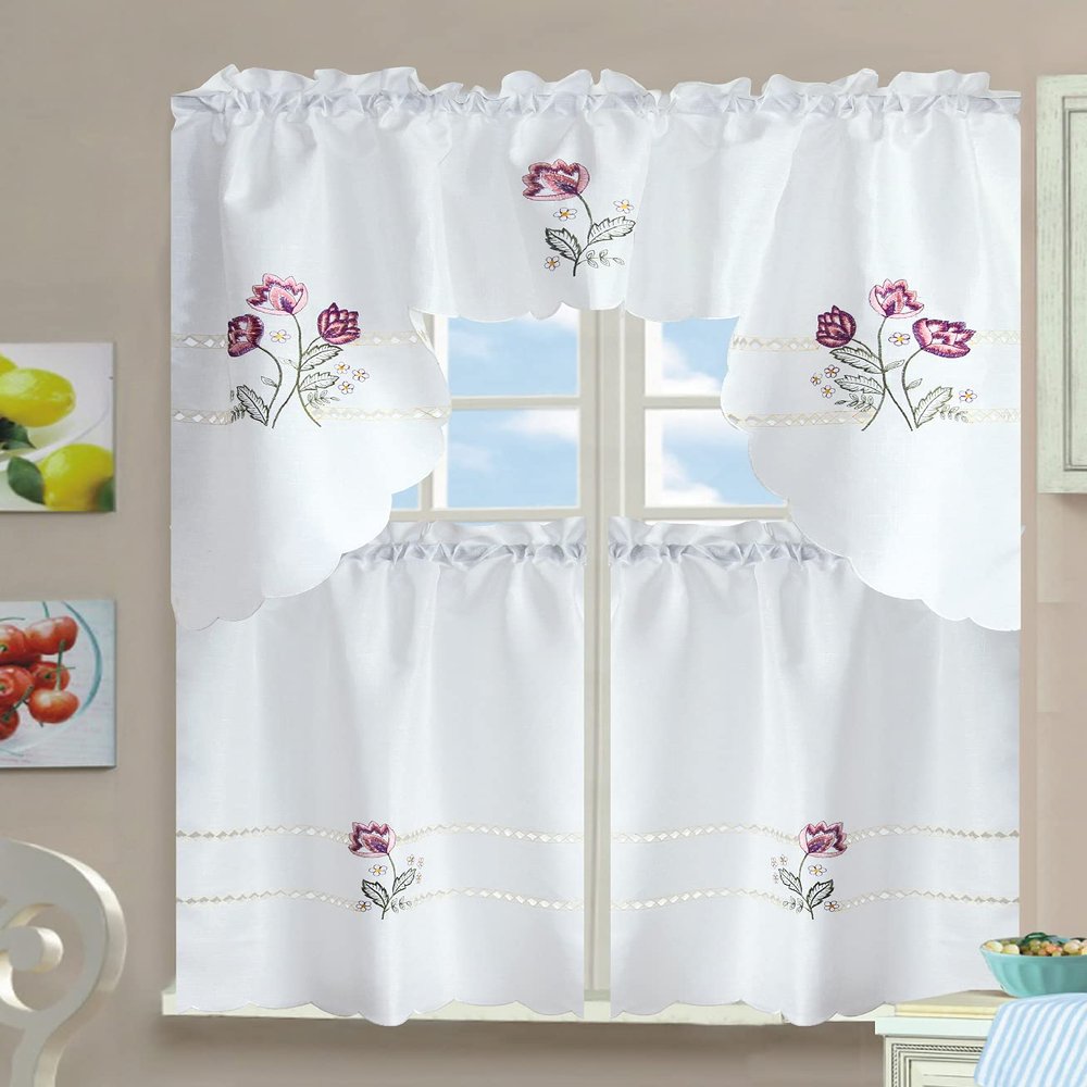 All American Collection Modern Contemporary 3pc Embroidered Home Kitchen Window Treatment Curtain Set (Swag Valance, Elegant Floral)