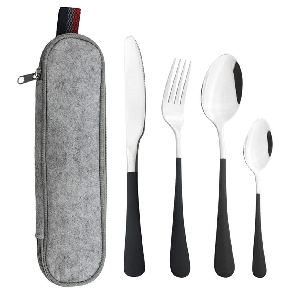 Kitchen Utensils Set,Kitchen Starter Set,4Pcs Travel Cutlery Set Stainless Steel Camping Picnic Cutlery Kit Mirror Polish for Home/Travel/School-Black and silver