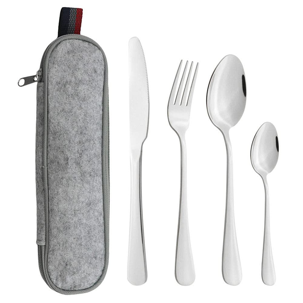 Kitchen Utensils Set,Kitchen Starter Set,4Pcs Travel Cutlery Set Stainless Steel Camping Picnic Cutlery Kit Mirror Polish for Home/Travel/School-Silver