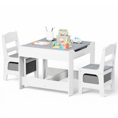 Kinder King Kids Wood Table & 2 Chairs Set, 3 in 1 Children Activity Table w/Storage, Removable Tabletop, Blackboard, 3-Piece Toddler Furniture Set for Art, Crafts, Drawing, Reading, Playroom, Grey