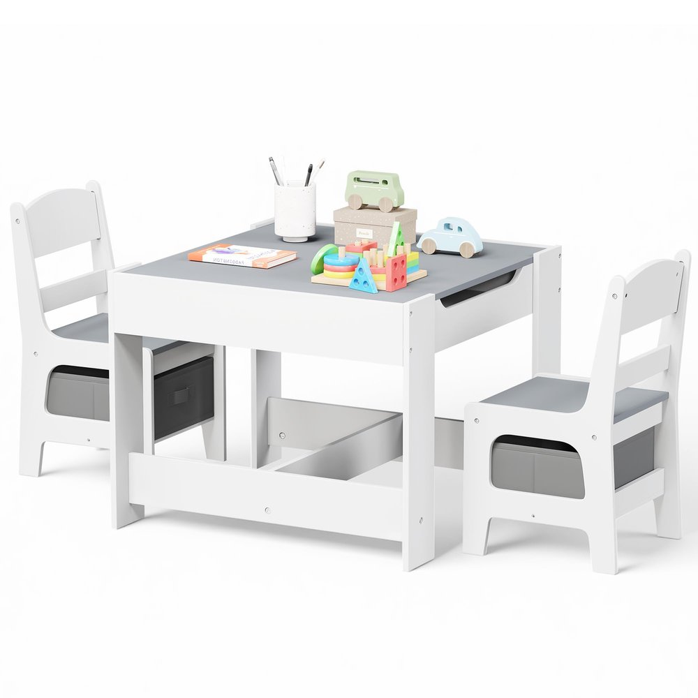 Kinder King Kids Wood Table & 2 Chairs Set, 3 in 1 Children Activity Table w/Storage, Removable Tabletop, Blackboard, 3-Piece Toddler Furniture Set for Art, Crafts, Drawing, Reading, Playroom, Grey