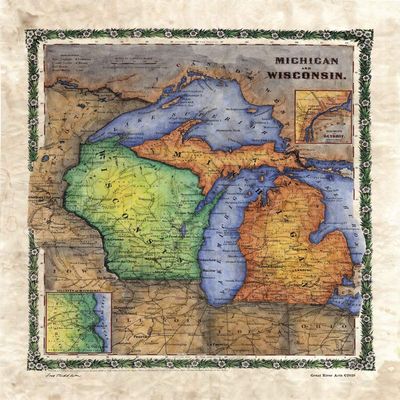 Michigan and Wisconsin Colton Historic Map Art Print Poster Reproduction Artwork Vintage Style Unframed Abstract Map Wall Art - Great Home Decor and Gift, Hand Painted