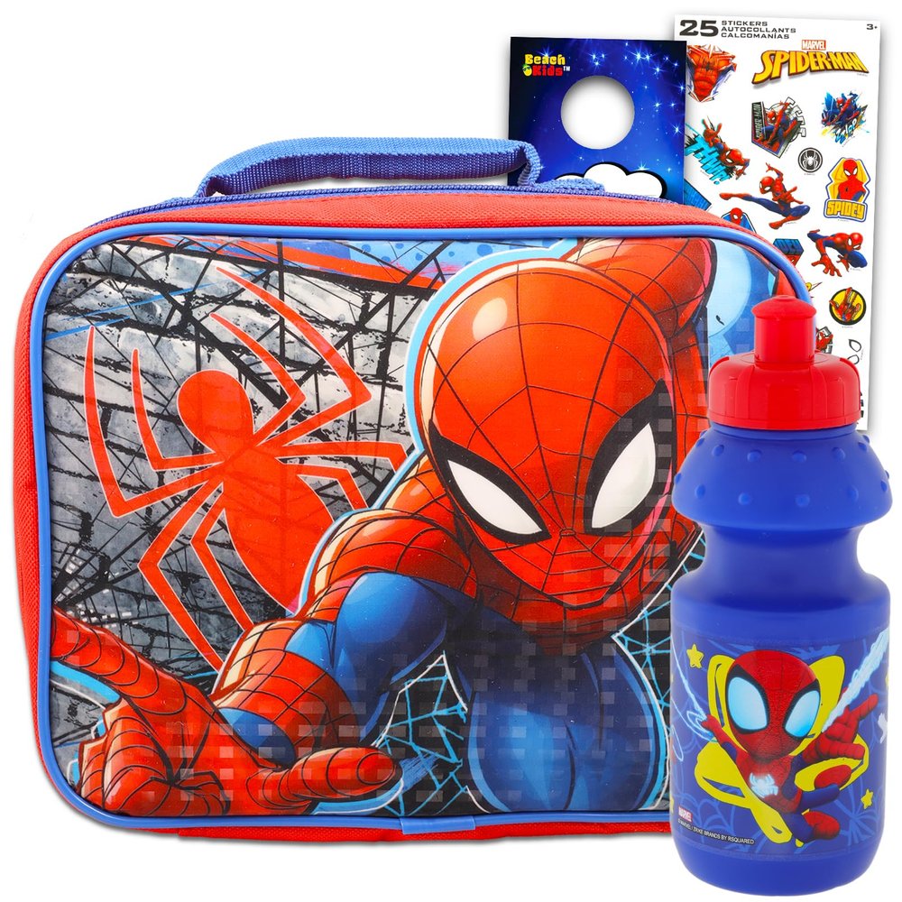 Spiderman Lunch Bag Set For Kids, Toddlers, Preschool ~ 5 Pc Bundle With Marvel Superhero Lunch Box, Water Bottle, Stickers, And More | Avengers School Supplies