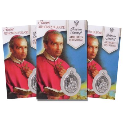 Saint Alphonsus Holy Prayer Card with Medal and Prayers on the Back, Catholic Saints Pocket Prayer Bookmarks and Bible Page Holders, Patron of Arthritis Rheumatism, 3 3/8, Pack of 3