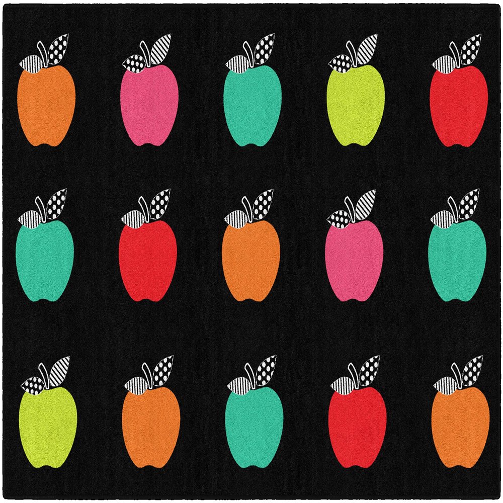 Flagship Carpets Stylish Black & White Brights Apple Sit Spot Classroom Area Rug for Indoor Classroom Learning or Kid Bedroom Educational Play Mat, 5'x7'6", Multi