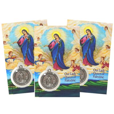 Needzo Our Lady of Queen Palestine Holy Prayer Card with Medal and Prayers on The Back, Catholic Saints Pocket Prayer Bookmarks and Bible Page Holders, 3 3/8, Pack of 3
