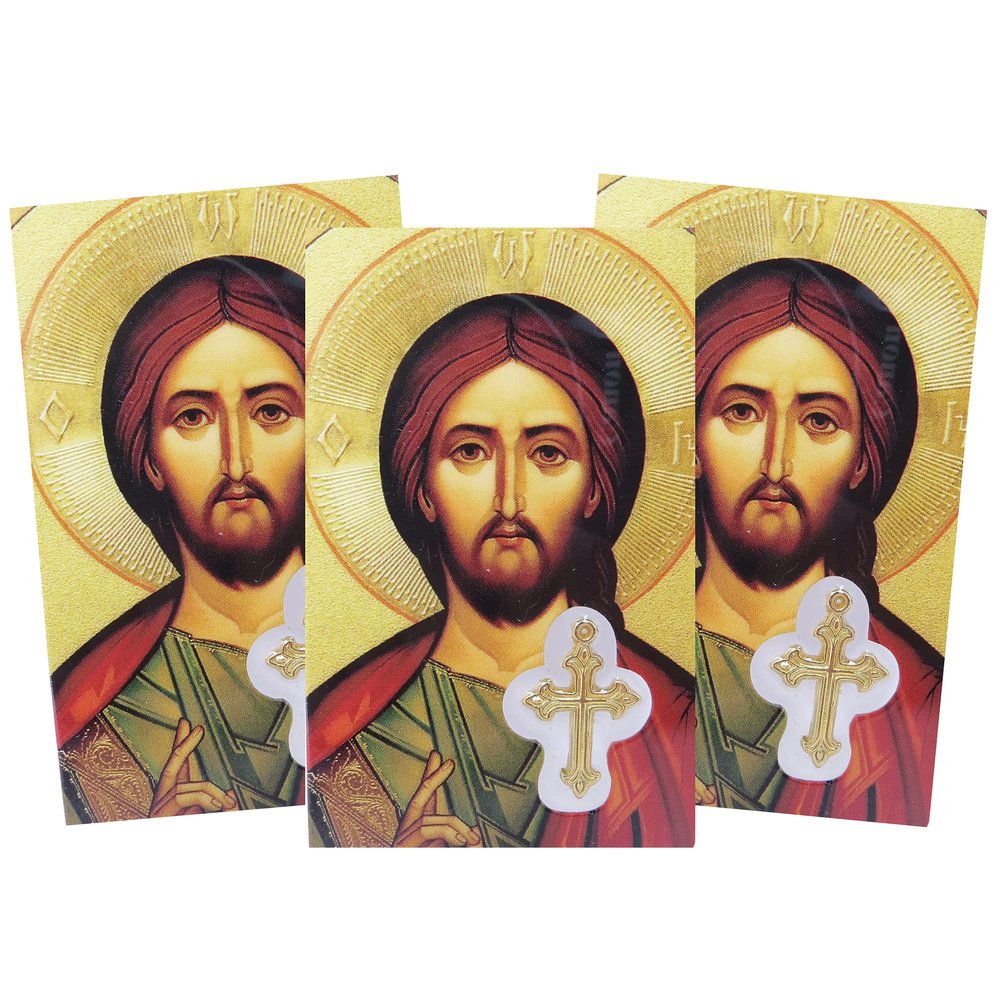 Our Father Byzantine Holy Prayer Card with Medal and Prayers on The Back, Catholic Saints Pocket Prayers Bookmarks and Bible Page Holders, 3 3/8, Pack of 3