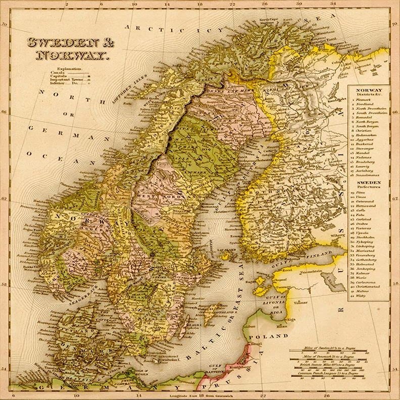 Sweden and Norway 1844 by Vintage Maps - 22x28 Art Print Poster