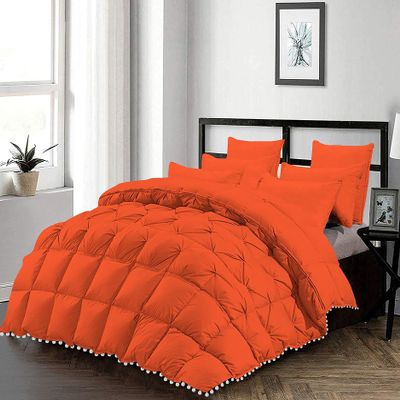 1 Piece Beautiful Looking Pom Pom Half Pinch Pleated Comforter 800 Thread Count 100% Egyptian Cotton, White Vintage Pom-Pom Fringe Super Soft (Full/Queen Size Orange Color)