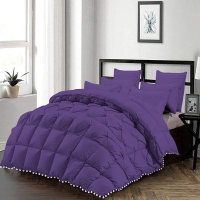 3 Piece Beautiful Looking Pom Pom Half Pinch Pleated Comforter Set 800 Thread Count 100% Egyptian Cotton, White Vintage Pom-Pom Fringe Super Soft (King/California King Size Purple Color)