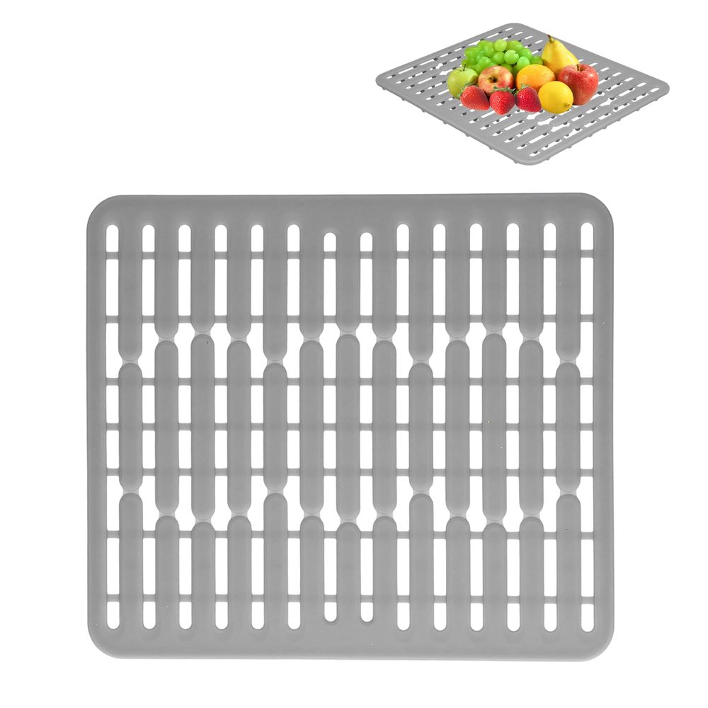 12.811.3in Silicone Sink Mat - Quick Drain Dish Drying Rack, Non-Slip Heat Resistant Protector for Kitchen & Bathroom Sink Liners (Grey)